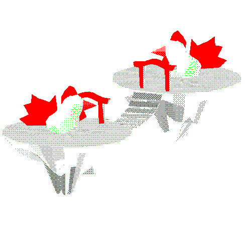 Computer generated, two islands connected by a bridge inhibited by two chickens.